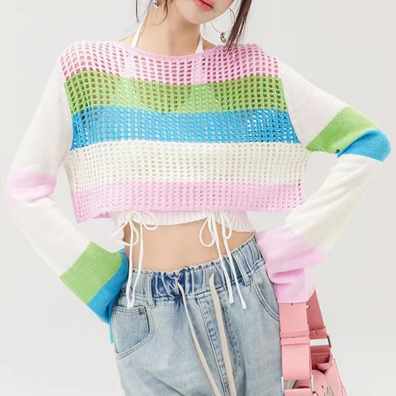 Винтажный цветной шикарный свитер с расклешенными рукавами пуловер круглым