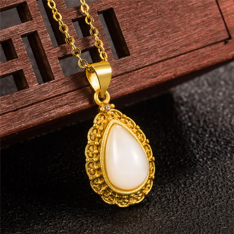 Женская позолоченная Ретро резная форма капли воды инкрустированная нефритовая