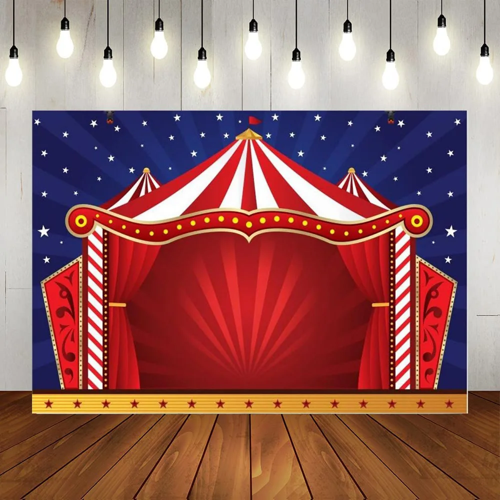 

Circus Tent Backdrop Red White Stripes Tent Blue Background Sparkling Light Beam Circus Magic Show Birthday Party Photography