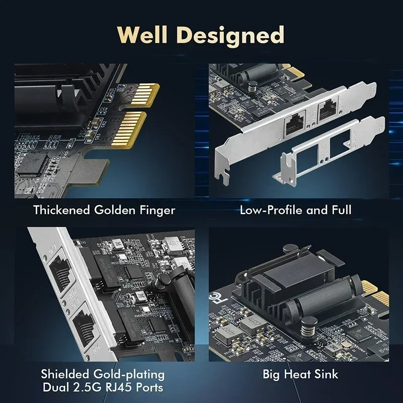 Двухпортовая серверная карта PCIe 2 5 Гбит/с 2-портовая сетевая Ethernet 10/100/1000M/2 5G RJ45 с