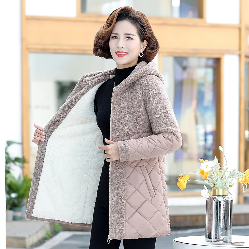 Hooded Parkas Women's Fleece Winter Jacket Warm Thicken Cotton Coat Loose Female Lambs wool Long Snow Parka Splicing Overcoat