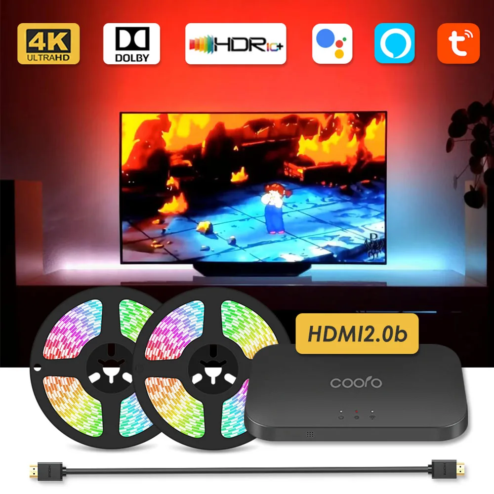 Tira de luces LED de sincronización inteligente con pantalla de ensueño para TV y PC, Set de iluminación ambiental con HDMI 2.0b, USB, compatible con 4K/HDR/TV BOX/Alexa/Google