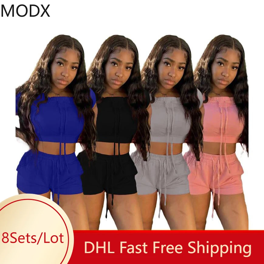 

Women 2 Pices Set Outfit All-match Solid Color Drawstring Tracksuit Streetwear Straps Crop Top +Shorts Set Wholesale 5 Sets 7417