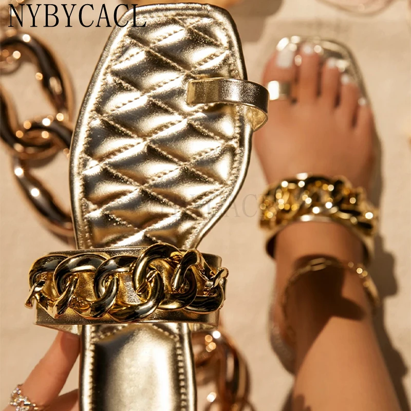 

2022 New Women Flats Shoes Summer Autumn Chain Sandals Designer Sweet Slipper Dress Flip Flops Open Toe Slides Beach Chaussures