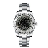 40mm mens mechanical watch stainless steel case sand strap sapphire glass skeleton dial black dial hands c3 lume nh70 movement