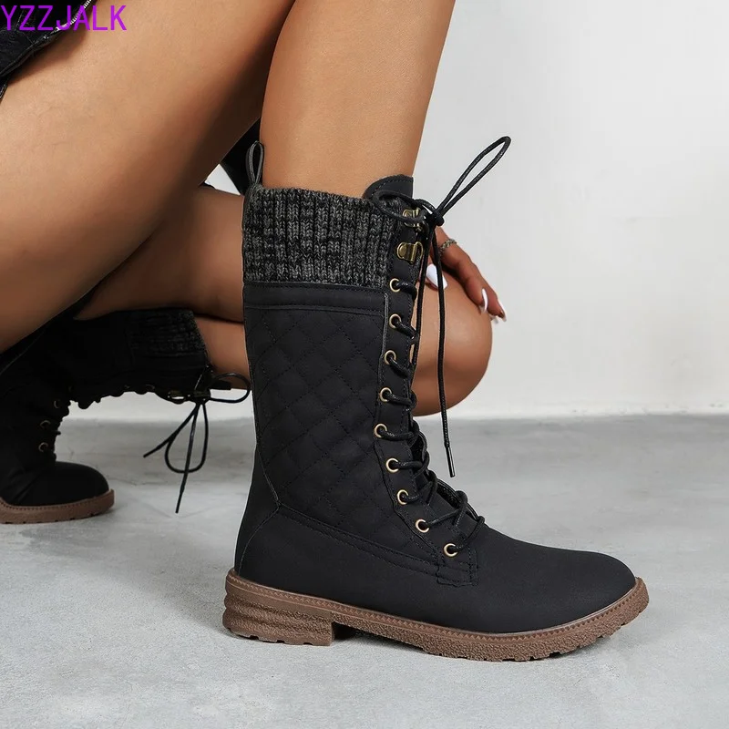 

2022 Winter Women's Boots Autumn Shoes Cowboy Snow Casual Sneakers Mid Calf Boots Combat Military Quilted Black Platform