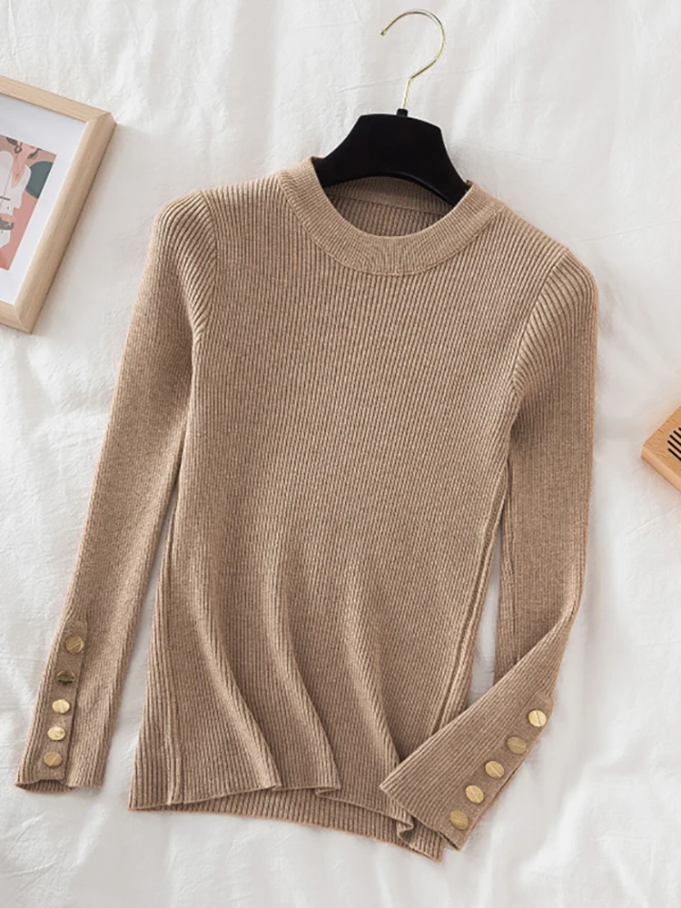2023 women thick sweater pullovers khaki casual autumn winter button o-neck chic sweater female slim knit top soft jumper tops