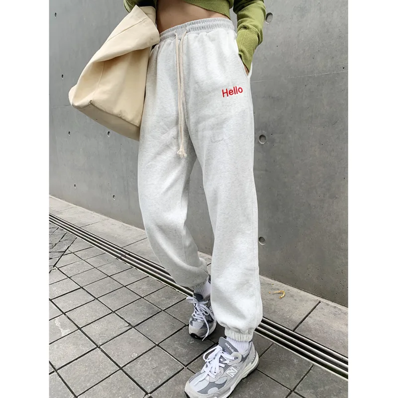 Letter Embroidery Women's Fleece Sweatpants Autumn Winter High Waist Drawstring Loose Warm Casual Sports Pants