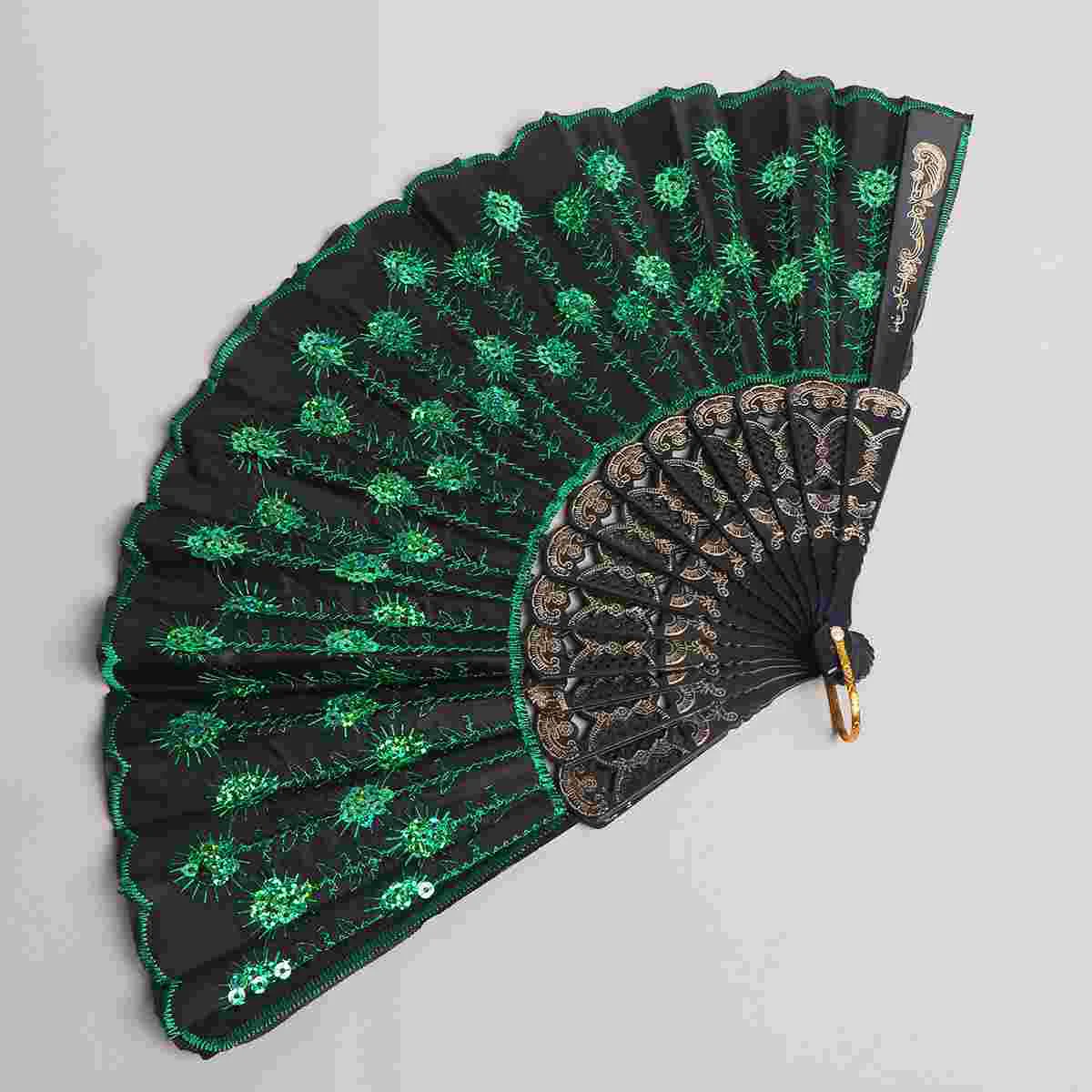 Manual Modeling Miss Fan Peacock Hand Fans Sequin Fabric Lady Silk Handheld Folding