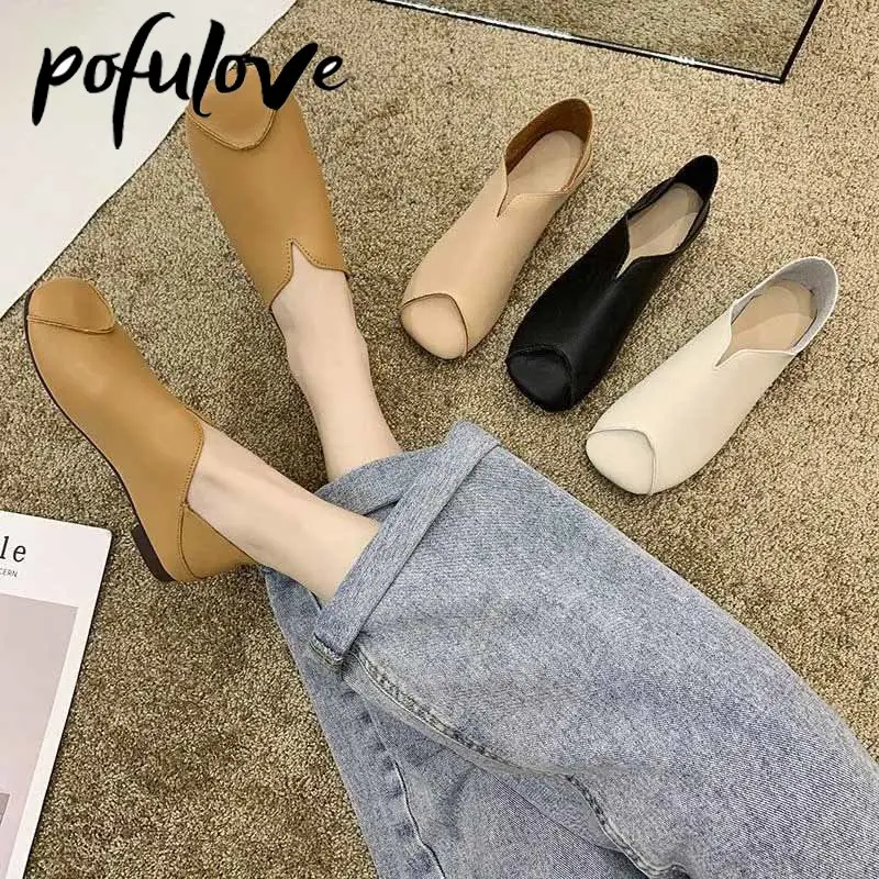 

Pofulove Women's Leather Shoes Spring and Autumn Square Toe Solid Soft Bottom Low Heel Lightweight Flat Shoes Drop Shopping