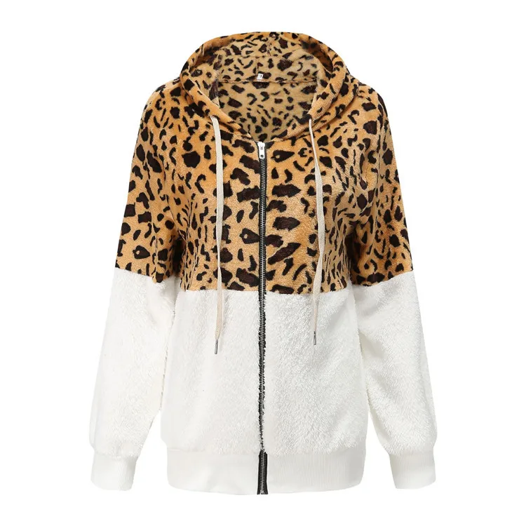 WYWMY Leopard Patchwork Women Teddy Coat Autumn Hooded Fluffy Plush Winter Faux Fur Jacket Coat Women Coat Fur Sweater Hoodie