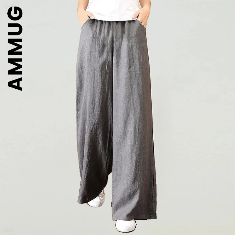 

Женские брюки Ammug, новые брюки с широкими штанинами, женские мягкие брюки из хлопка и льна, мешковатые модные женские брюки