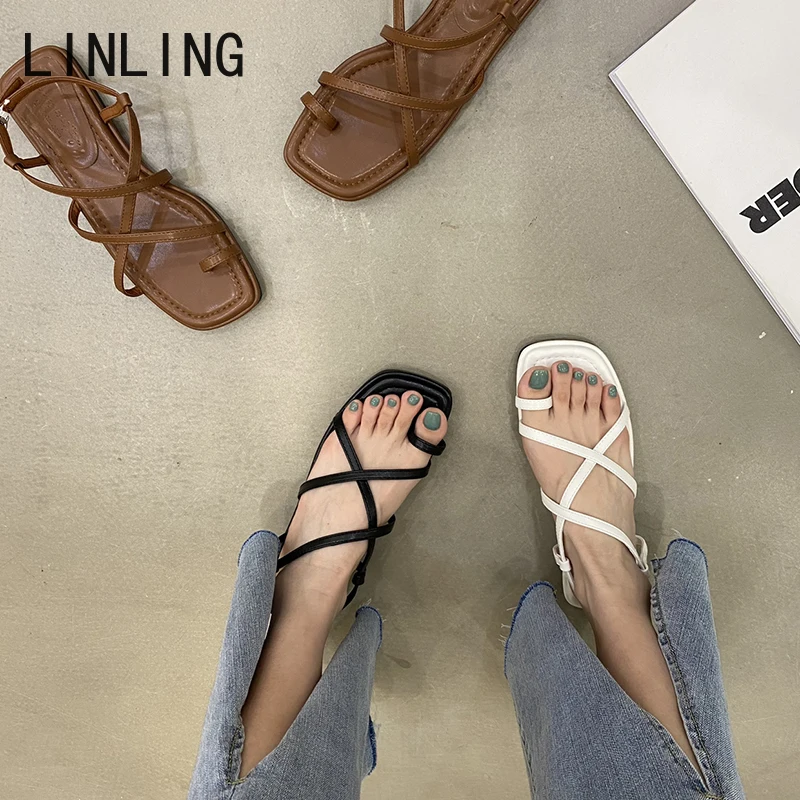 

2022 Summer Women Narrow Band Sandals Fashion Woman Clip Toe Flats Heel Ladies Beach Shoes Female sandalias de mujer