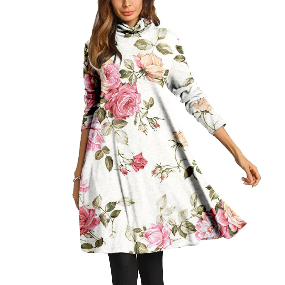 

Flowers Printing Dresses Personality Turtleneck Long Summer Dress For Women 2021 Hot Sale Harajuku Streetwear Fashion Clothing