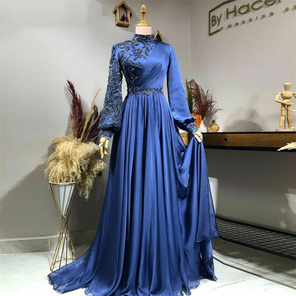 

Private Custom Blue Elegant Muslim Women Formal Dress Robes De Soirée Beads Dubai Arabic Evening Party Prom Dresses
