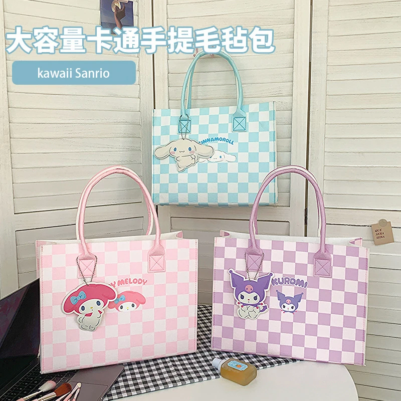 

Anime Sanrio Felt Bag My Melody Cinnamoroll Kuromi Cartoon Handbag Plaid Women's Style Versatile Large Capacity Messenger Bag