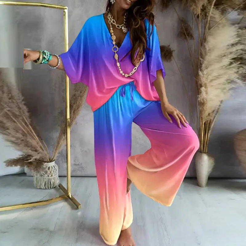 

Женский Повседневный костюм из 2 предметов, свободная блузка с V-образным вырезом и прямые брюки на завязках, элегантная Домашняя одежда с ру...