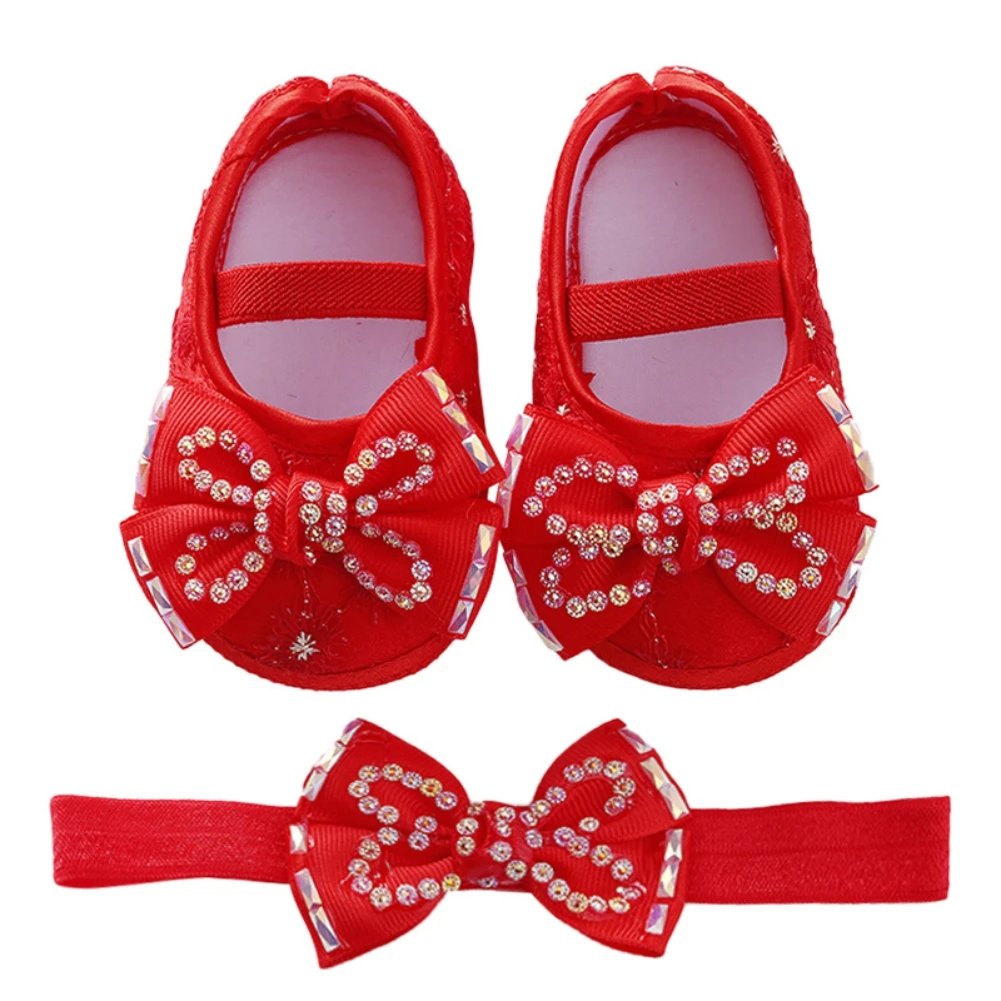 

Newborn Baby Girl Foot Pedal Pearl Shoes Headband Set Lovely Princess Lace Bowknot Infant Non Slip First Walker Soft Sole