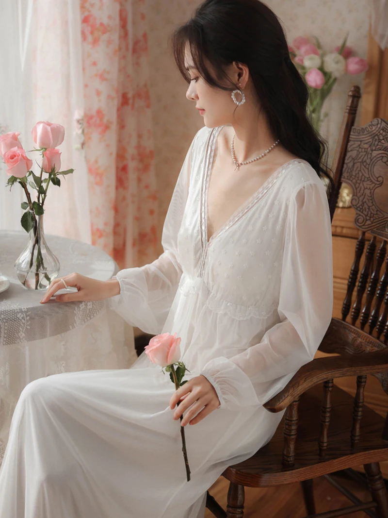 Women Vintage Night Dress V-Neck Mesh Fairy Long Sleeve Spring Nightgowns Victorian Princess Pajamas Home Sleepwear