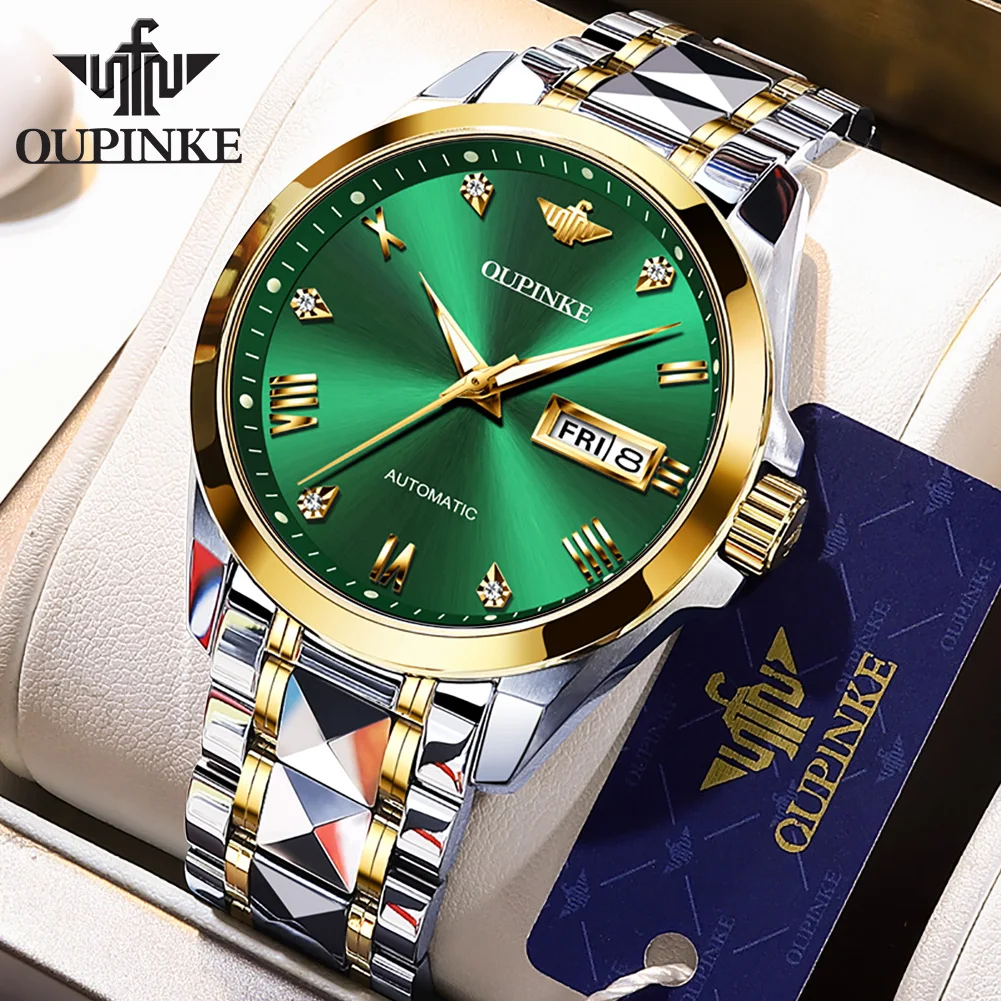 

OUPINKE Luxury Automatic Mechanical Watches Sapphire Mirror Waterproof Tungsten Steel Wristwatch Luminous Date Week Men's Clock