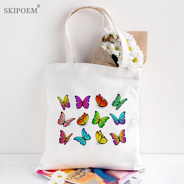 

Beach Canvas Tote Bag Shopping Bags Messenger Hand Bag Female Butterfly Kawaii Cute Aesthetic Cartoon Harajuku Painting Handbags