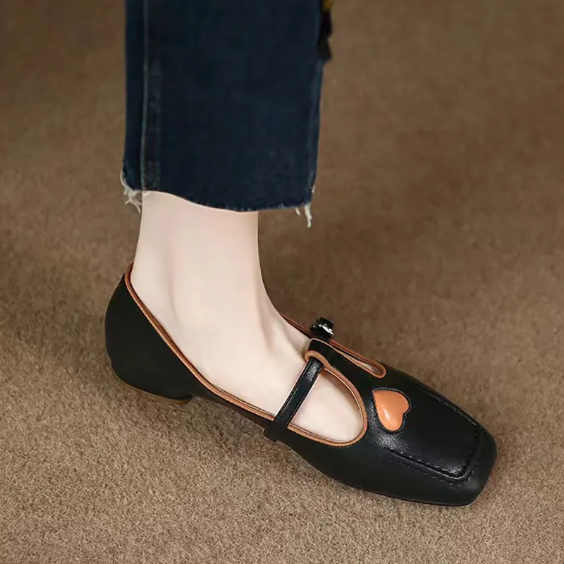 Red Heart Mary Jane Shoes Zapatos Mujer Spring Women's Square Toe Flats For Female Leather Shoes