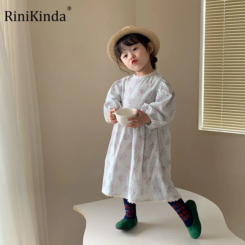 

RiniKinda 2022 Autumn Girls Dress Cotton Full Sleeve Children Dress Ruffles Flowers Kids Dresses For Girls Girls Clothing