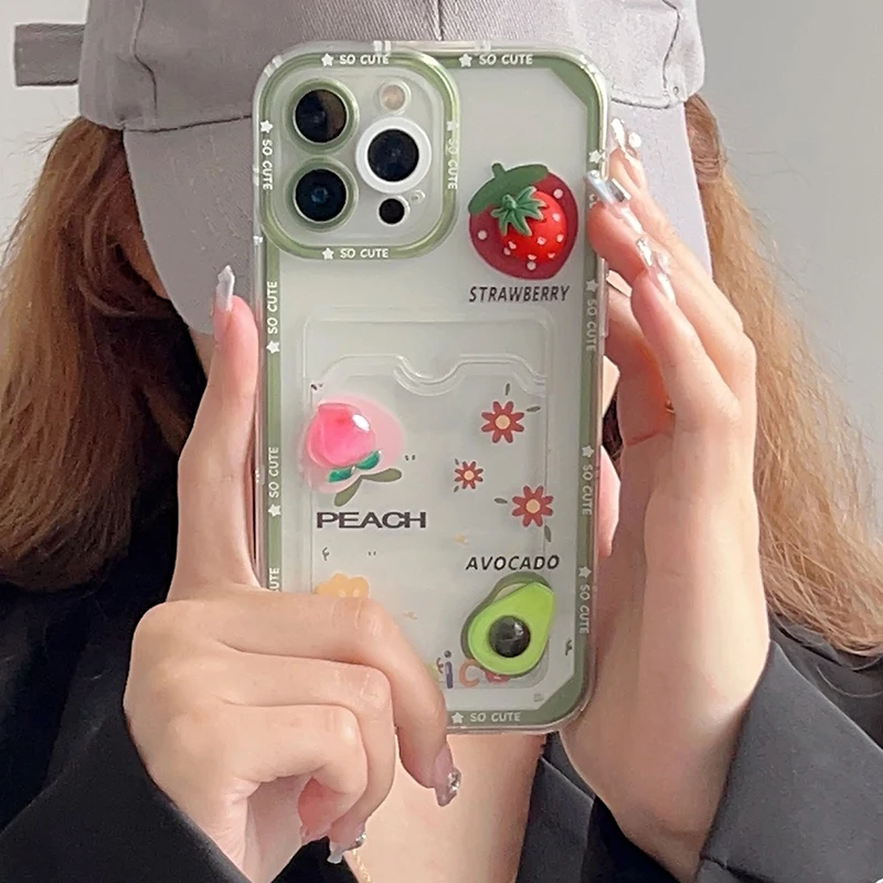 

Cute 3D Summer Fruits Avocado Card Pocket Slot Case For iPhone 14 13 11 12 Pro Max XS XR X 7 8 14 Plus SE Clear Silicone Cover