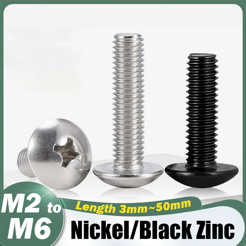 M2 M2.5 M3 M4 M5 M6 Nickel / Black Zinc Carbon Steel Phillips Big Pan Truss Head Large Flat Round Cross Screw Bolt L=3mm-50mm