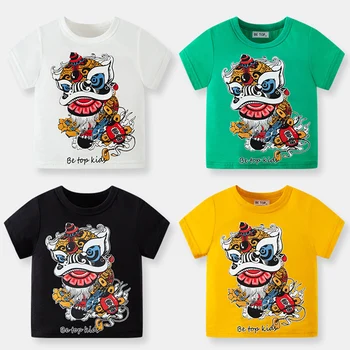 Baby T-shirt 12M-7Y Children's Summer Short-sleeved Chinese Style Lion Dance Pattern Boy Cotton Top 1