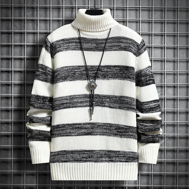 

Sweaters Sweater Casual Knitted Pullover Slim Striped Mens Winter Fashion Sweater Turtleneck Knittwear Men Fit New Pullovers