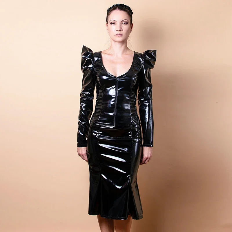 Женский костюм из юбки и рубашки с длинным рукавом ПВХ