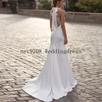 mermaid halter satin bridal wedding dresses illusion lace back see through pleat simple bride dress with bow court train