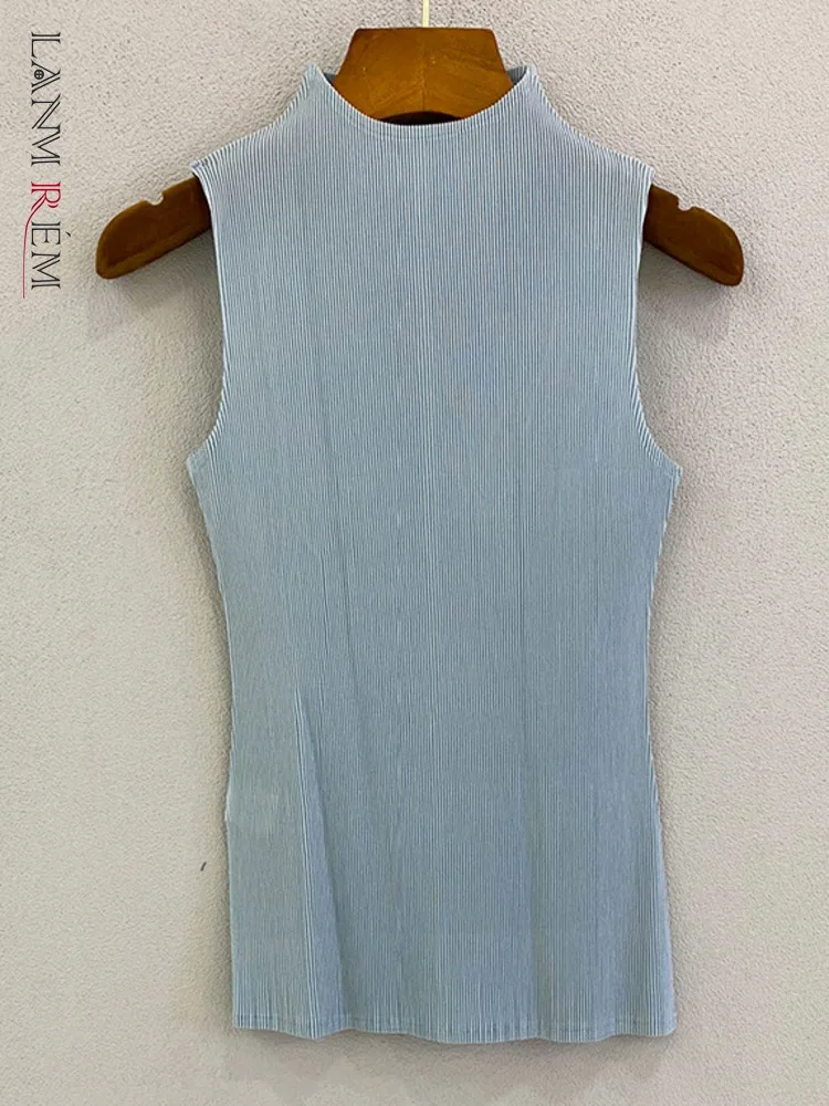 

LANMREM Pleated Pullover Tanks For Women Solid Color Sleeveless O-neck Skinny Basis Tops Female Fashion 2022 New Summer 2N594