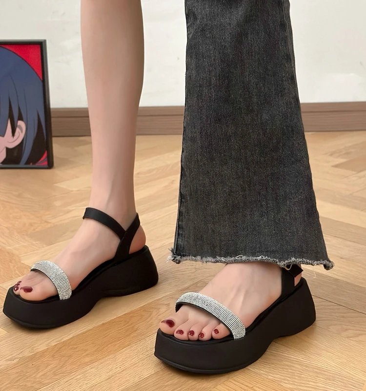 

Женские босоножки на танкетке, черные универсальные босоножки на ремешке с пряжкой, на среднем каблуке, на плоской подошве, для лета, 2023