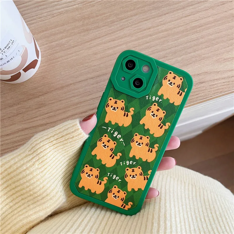 

Retro kawaii Tiger green Plaid art Japanese Phone Case For iPhone 13 12 11 Pro Max Xs Max XR X Lens Protection Case Cute Cover