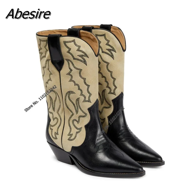 Autumn Women'S Mid-Boots Pointed Toe Mid-Heel Retro Boots Embroidered Flower V-Mouth Knight Boots  Gladiator Zapatos Mujer