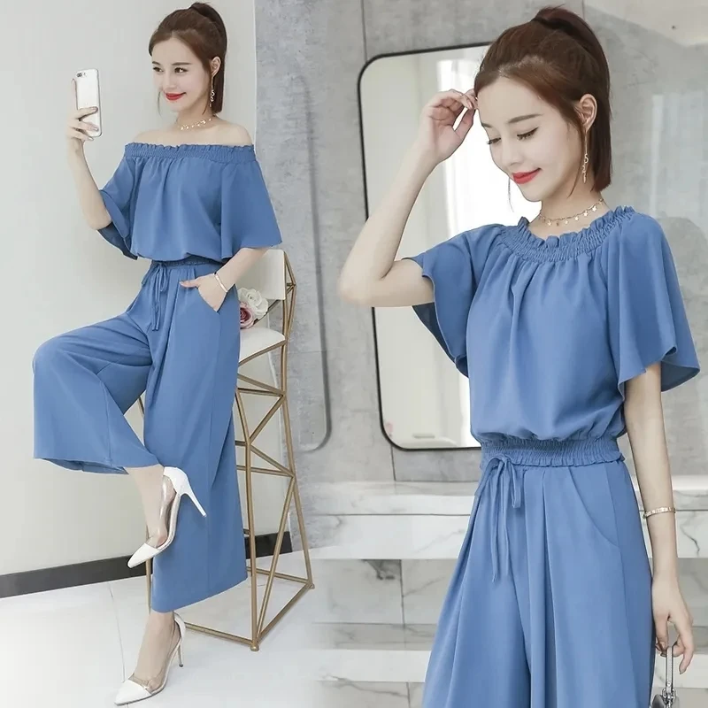 

Off Shoulder Fashion Top Women's High Waisted Wide Leg Pants Set 2023 Summer New Goddess Style Two Piece Set Lady Suit