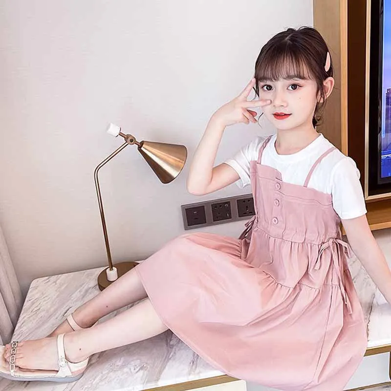 

Summer Girls' Dress European American Style Short Sleeve T-Shirt +Sling Fashion Princess Dress Big Children'S Clothing for Teens
