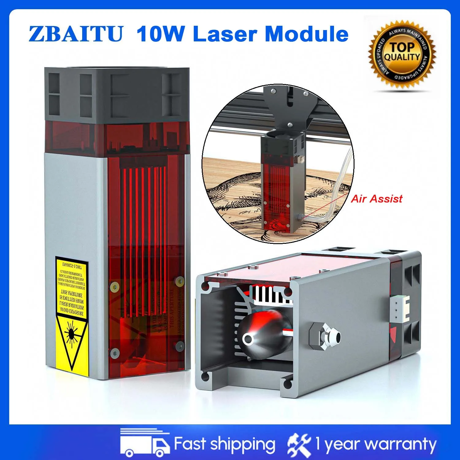 ZBAITU Laser Module Head with Air Assist 10W Optical Power 450nm for Engraving Marking Cutting Woodworking Machine CNC Router enlarge