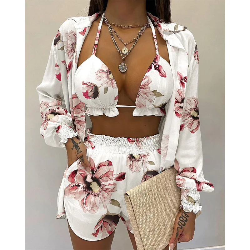 

2022 Women's New Sexy Summer Solid Color Printing 3-piece Suit Women's Fashion Cardigan Jacket + Shorts + Blouse Women's Sports