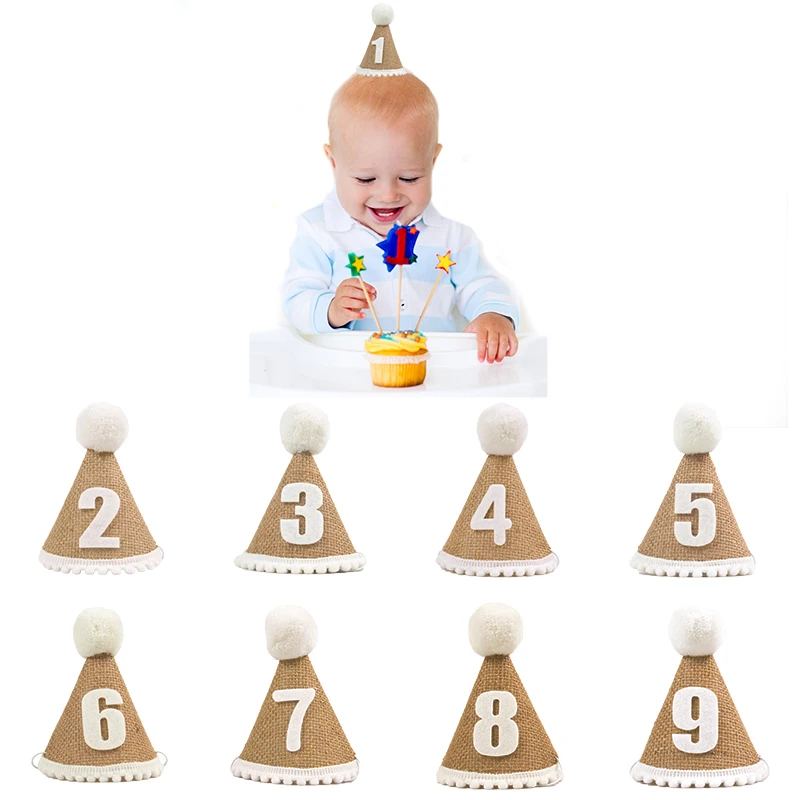 

1pc Burlap Birthday Hat Headband Baby 1 2 3 4 5 6 7 8 9 Year Boy Girl Newborn Baby Happy Birthday Party Decorations photo props