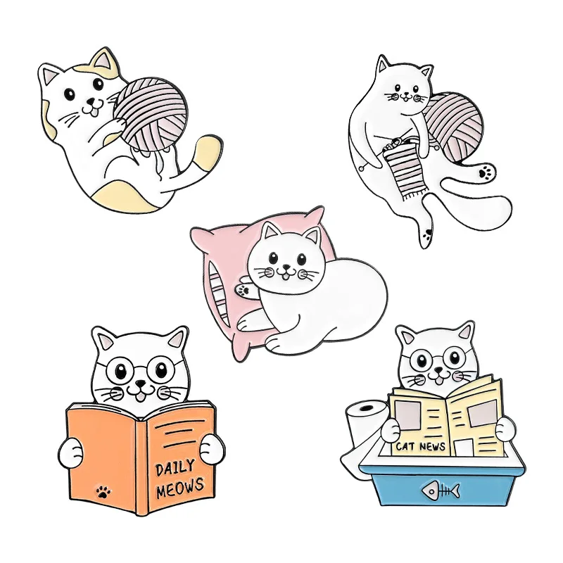 

Cat's Everyday Enamel Pins Reading, Knitting, Playing, Poop, Pillows Brooches Clothes Bags Lapel Pins Metal Badges Jewelry Gifts