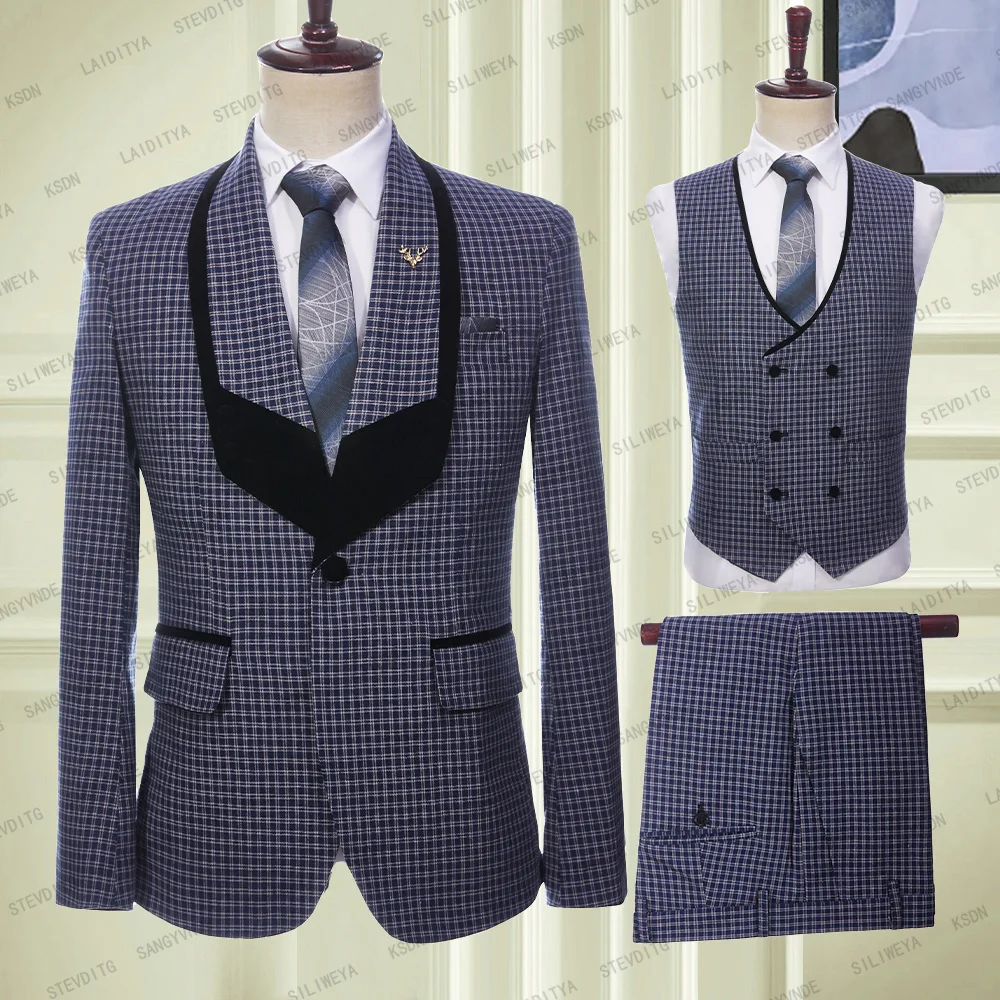 

2023 Fashion Men's Business Big Black Collar Casual Dark Blue Plaid Suits Male One Button 3 Pcs Set Blazers Jacket Pants Vest