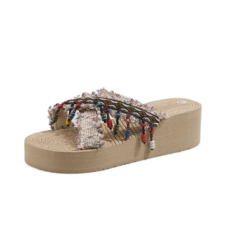 Summer Fashion Ladies Tassel Slippers, Outer Wear Thick Bottom Beach Shoes Casual Heightening Sandals One Word Flip-flops Female