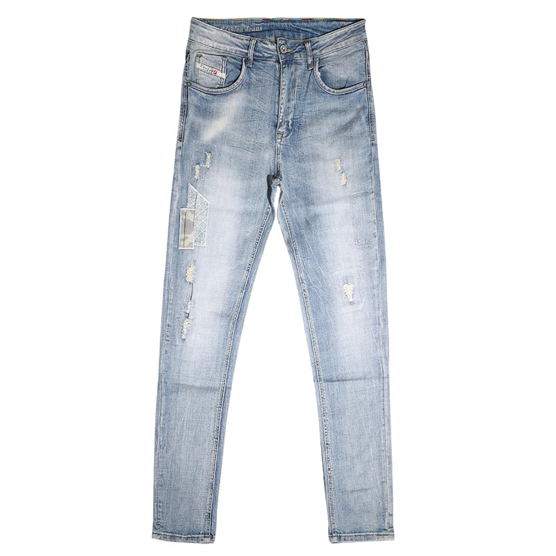 Vintage Fashion Men Jeans Retro Light Blue Stretch Slim Fit Ripped Jeans Men Elastic Trousers Patched Designer Pants Hombre