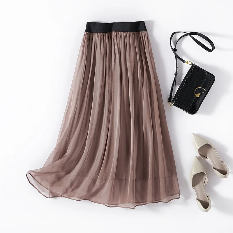 100% Mulberry Silk Summer Long Skirts for Women Elastic High-Waist Smooth Silk Crepe Skirts 98009