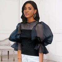 women blouse black patchwork lantern sleeves see through thin transparent tops shirt big size fashion bluas party date birthday