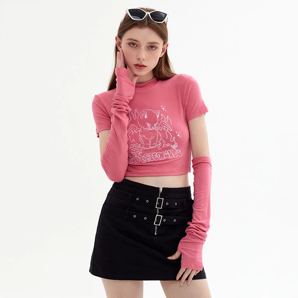 

Harajuku Women Short T-Shirt Y2k Girl Kawaii Cartoon Cats Slim Tees Black Women O Neck Crop Topst With Outsleeve 2023 Summer
