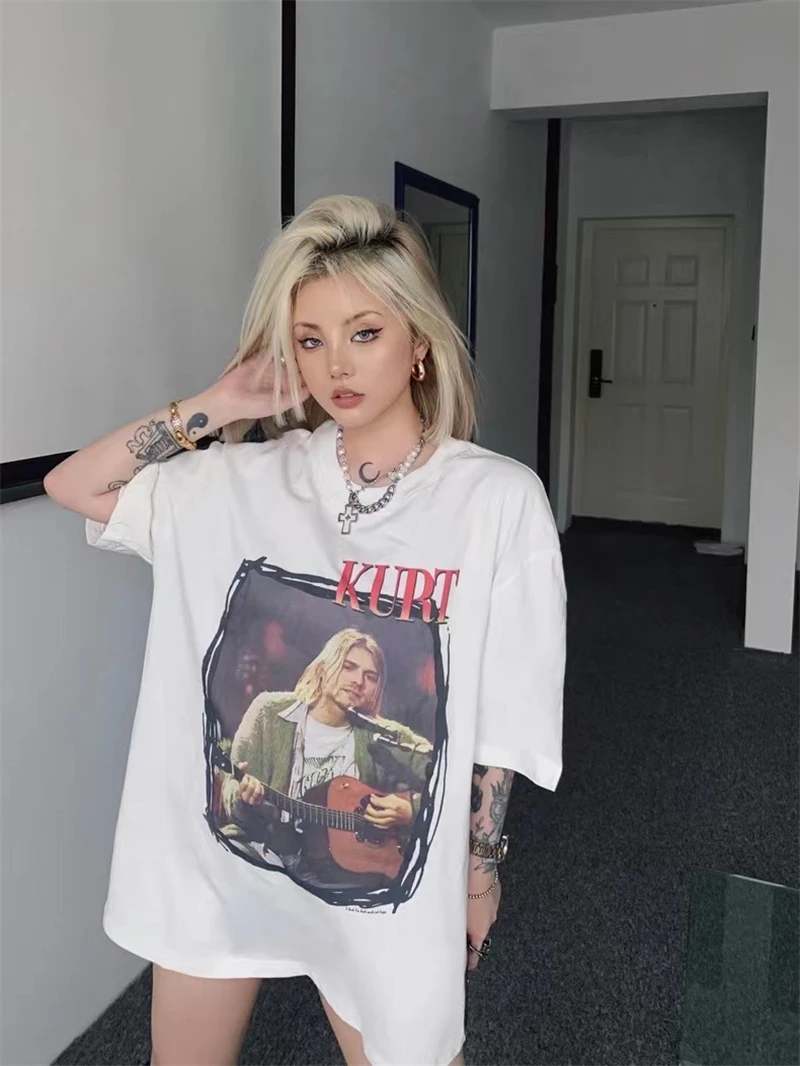 

Vtg Kurt Coban Coburn print old drop shoulder short-sleeved high street American casual loose men's and women's popular T-shirt